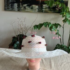 White Lace Wide Brim Hat with Burgundy Red Rose Accents